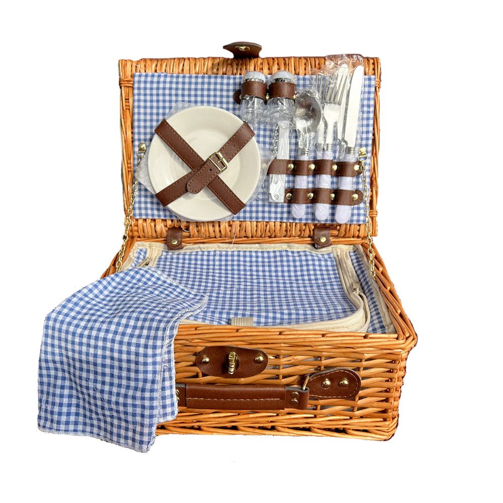 Picnic Basket with Cooler Bag for 2People Blue Checkered Design Buy