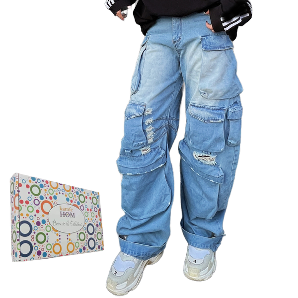 KAMFE HOM Design Sense Big Pocket Street Style High Waist Baggy Jeans
