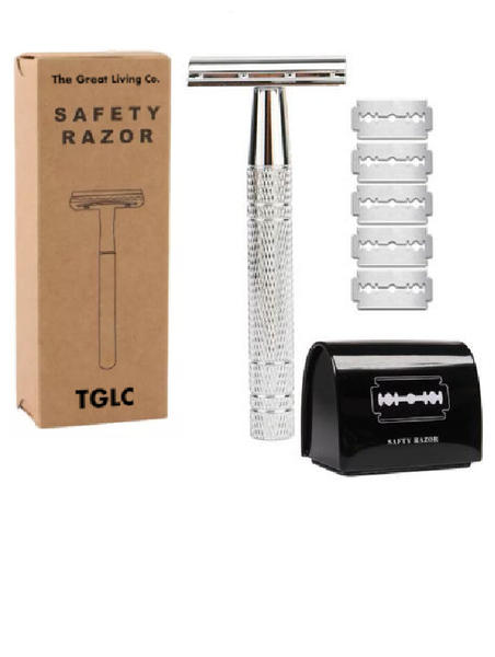 Premium Double Edge Shaving Razor &amp; 5 Blades &amp; Razor Blade Bank - Silver