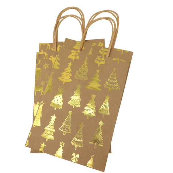 Foil Craft Reindeer and Christmas Tree Gift Bags - Gold pack of 4