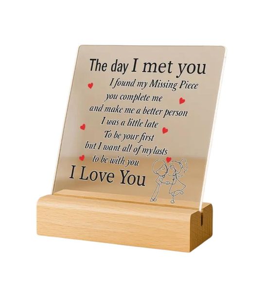 2D Flat Romantic "The Day I Met You" Acrylic Desktop Plaque wth Wooden Base