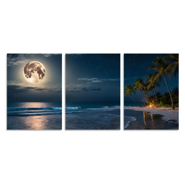 Moonlit Beach 3 Piece Wall Art - Canvas Print - Decor MB01