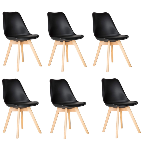 Dining Chairs - Cushioned Seat / Wooden Legs - 6 Pack - Red Colour