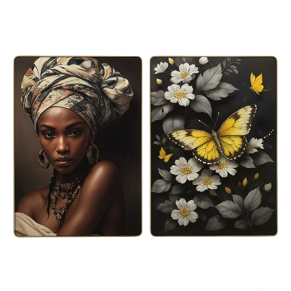 Modern African Portrait &amp; Yellow Butterfly Botanical Canvas Wall Art