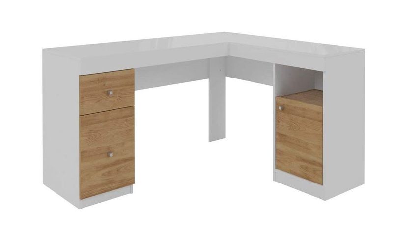 Corner Desk with Two Drawers - White and Oak Colour
