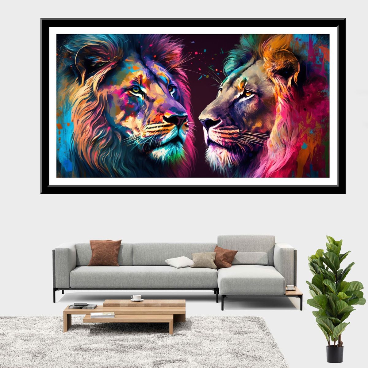 Wall Art Unframed - Two Lions One Male And One Female In Vibrant Color 