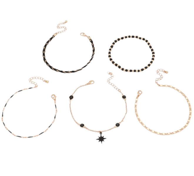 5pcs Layered Boho Style Anklet Set With Star Charm - Black/Gold