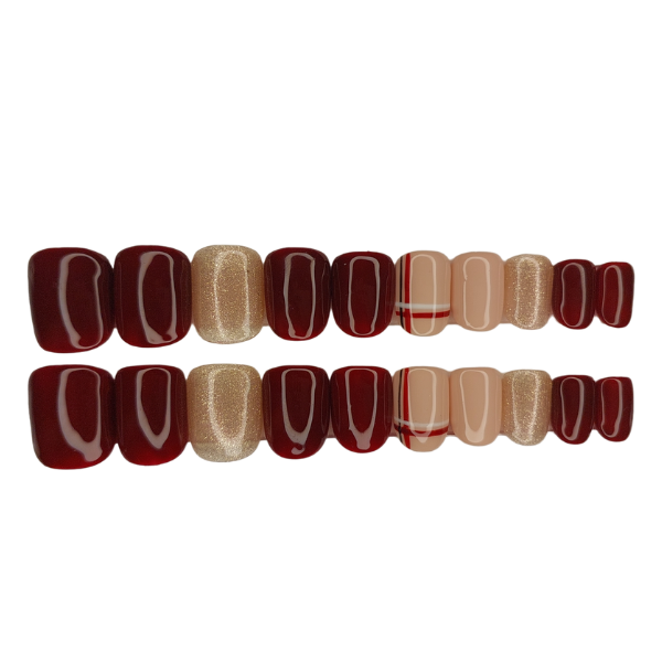 Luxury Press On Nails - Short Square Maroon &amp; Gold Set - 20 Piece