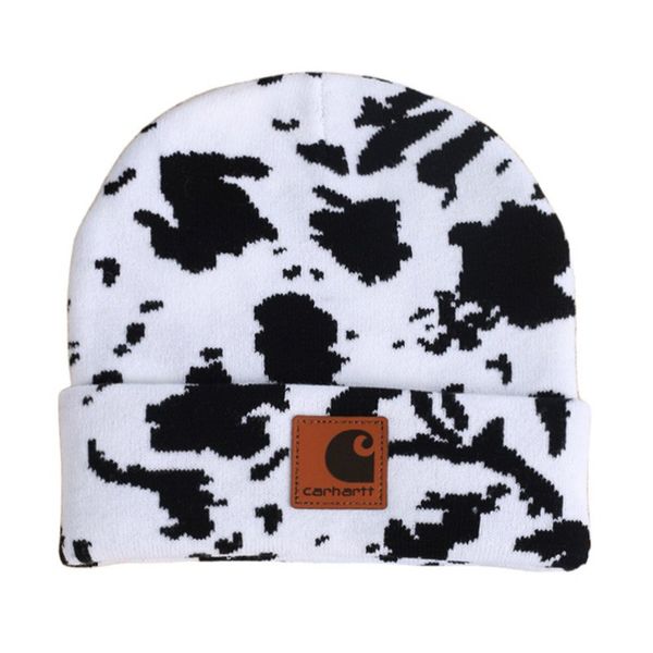 Leather-Label Cow Print Double-Layer Thickened Knitted Hat