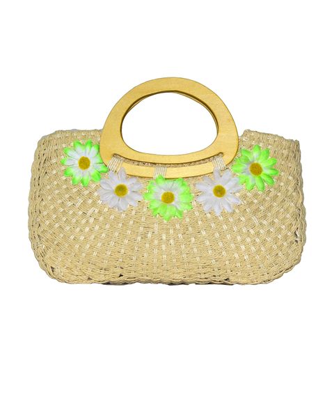 Fino CJ05771 Straw Flower Detail Beach Bag with Bamboo Handles