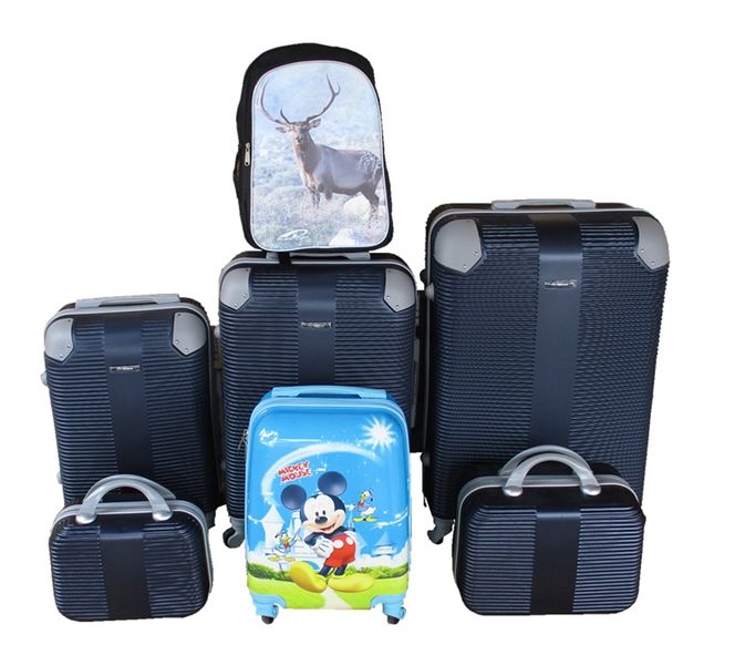 Navy 5-pieces ABS Luggage Set with Spinner Wheels, Mickey Case &amp; Deer Schoolbag