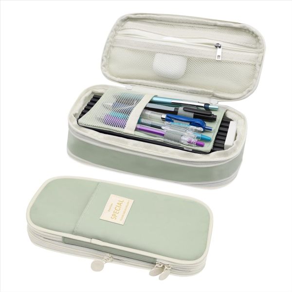Large Capacity Pencil Case with Zipper for Office and School Green