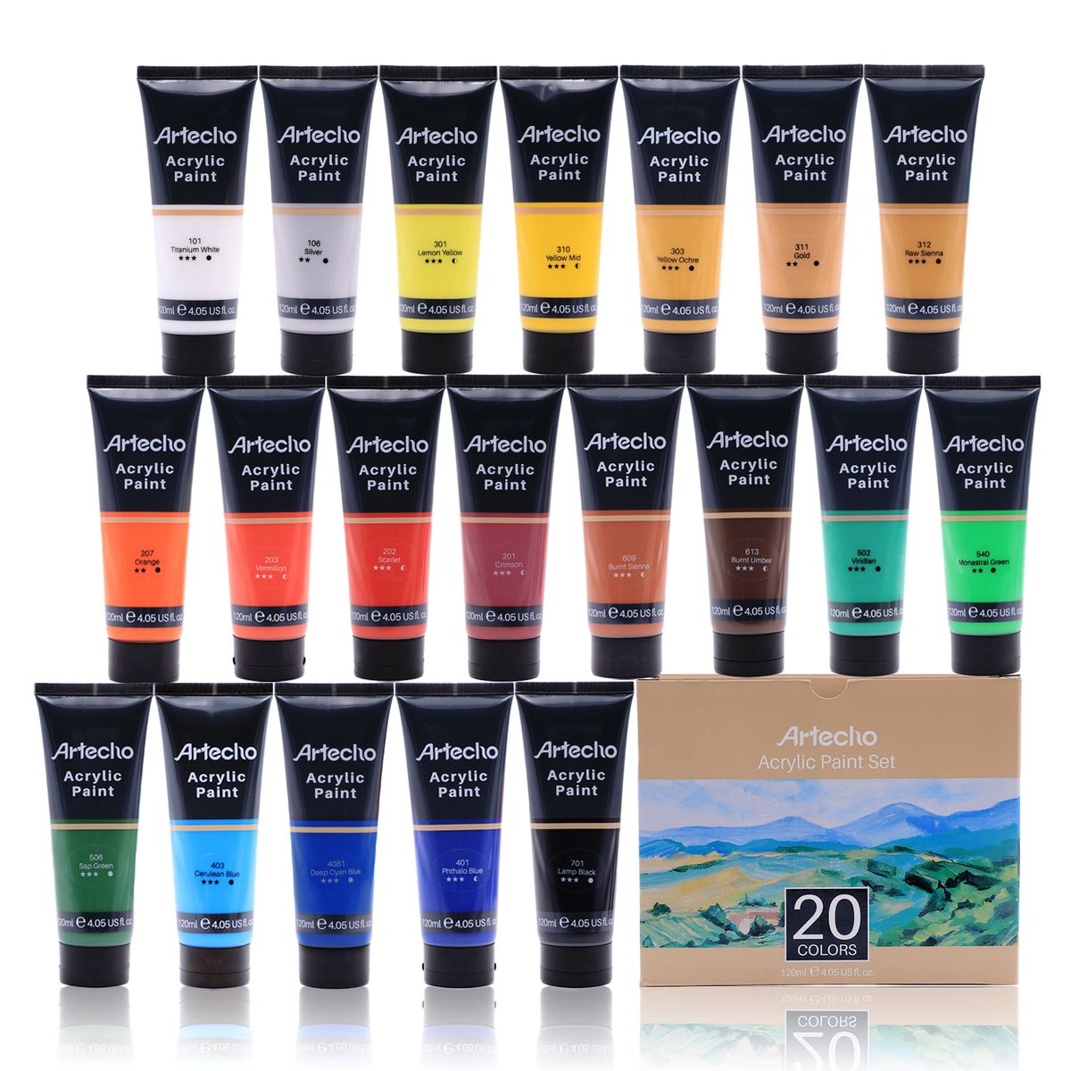 Artecho Acrylic Paint Set, 20 Colors 4.05 oz/120ml tube Art Paint