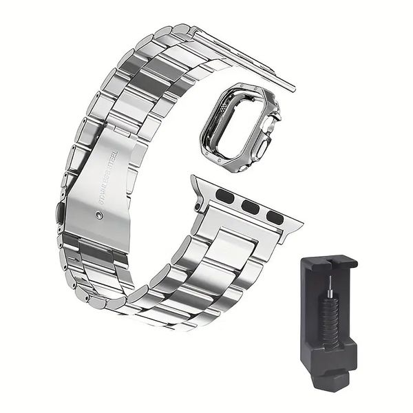 Stainless Steel Watch Strap With Link Remover &amp; Face Cover Compatible with Apple Watch - Silver