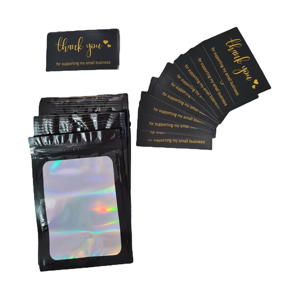 Black 10x15cm holographic gift florist travel food bag &amp; thank you cards
