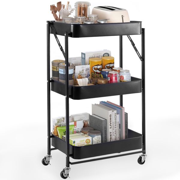 3 Tier Foldable Storage Shelf Rolling Wheel Cart Movable Tray Trolley