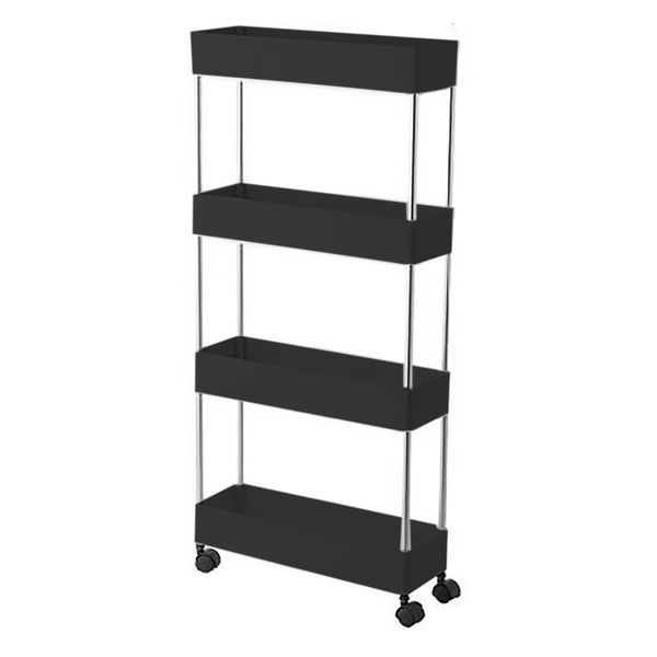 Storage Rack 4 Shelf Black on Swivel Wheels Plastic &amp; S/Steel, 400x200mm