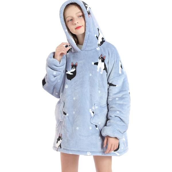 Iconix Kids Grey Boston Terrier Oversized Plush Blanket Hoodie