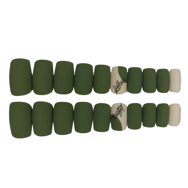 Luxury Press On Nails - Medium Square Green &amp; Leaf Set - 20 Piece