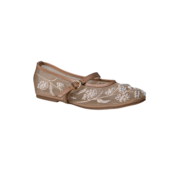 LaMara Paris Petal beaded floral pump with strap and embellishments camel