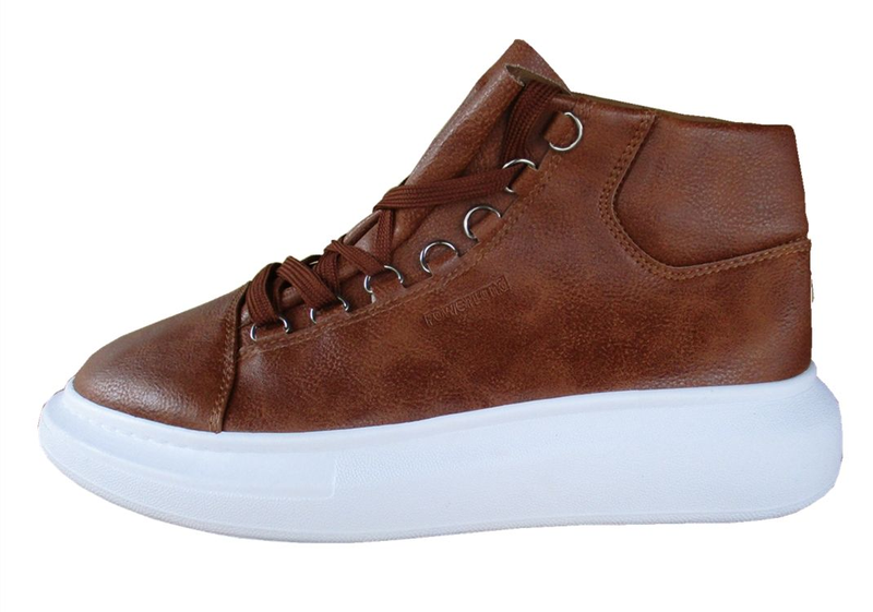 Men's High-Top Brown Leather Shoes-Stylish &amp; Comfortable, White Rubber Sole