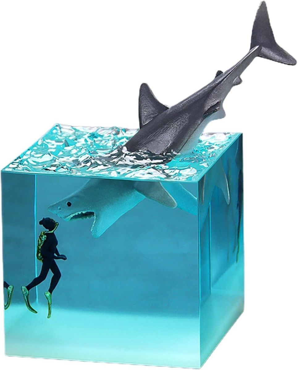 3D Epoxy Resin Shark and Diver Table Top Decoration