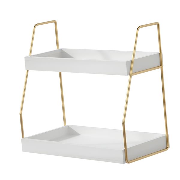 2 Tier Paulownia Wood &amp; Metal Frame Bathroom Countertop Organizer - White
