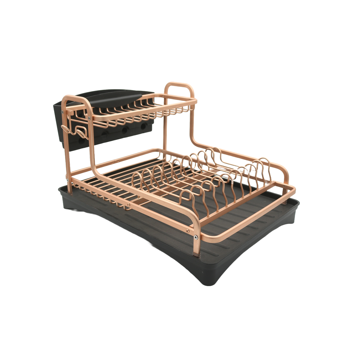 Two-Tier Black & Rose Gold Aluminium Dish Drying Rack With Draining