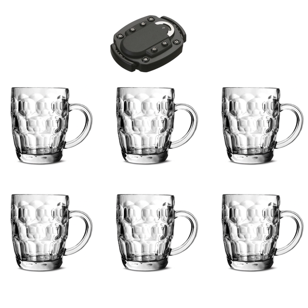 Set of 6 Traditional Dimpled Beer Glasses with 2-in1 Bottle and Can Opener