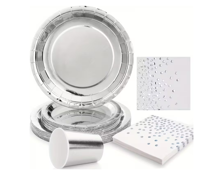 50Piece Shiny Silver Metallic Foil Colour Disposable Tableware Plates Party