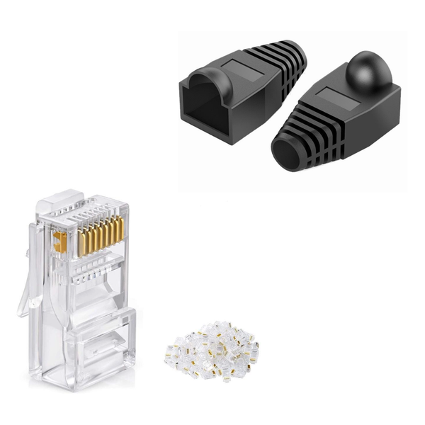 CAT5e RJ45 Ethernet Cable Crimp Connectors &amp; Cover Strain Relief Boots