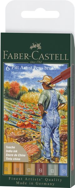 Faber-Castell, Pitt Artist Pen Brush India ink pen Wallet of 6, Harvest