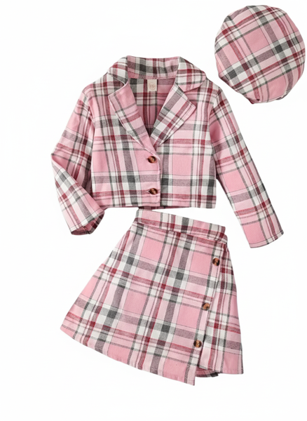 Cute Pink Plaid Baby Button Coat Outfit With Hat
