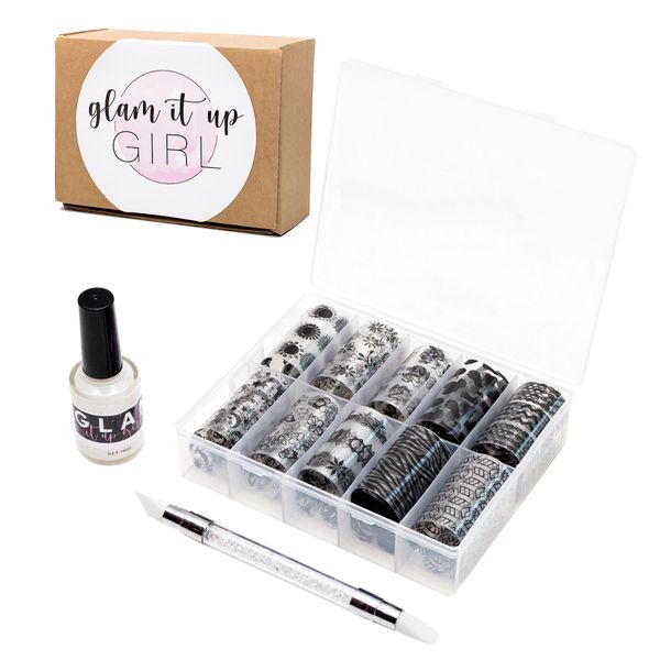 Nail Foil Art, Box of 10 Pieces, Nail Art Glue &amp; Pen (Black)