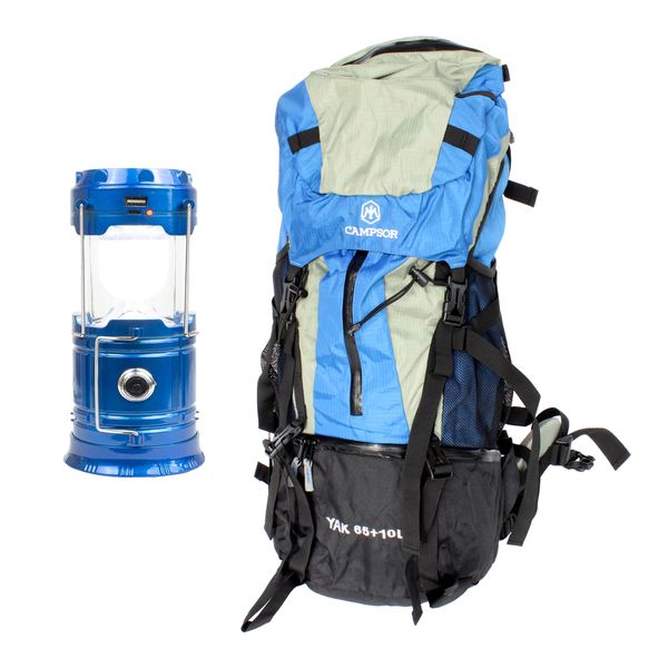 Campsor 65L+10L Camping/Hiking Backpack - Blue &amp; Solar Camping Lantern