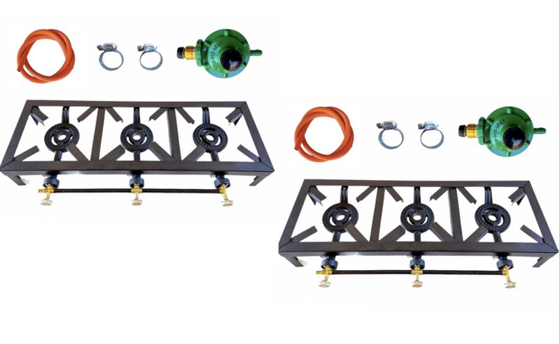 2 X 3 Burner, Triple Gas Burner, 4 Legged with Hose And Regulator Set