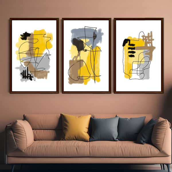 Set of 3 (Unframed) Wall Art Decor Print - A3 Size - Yellow Abstract