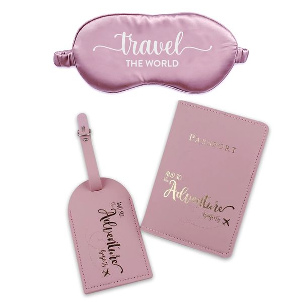 Pink Satin Eye Mask With Pink &amp; Gold Adventure Passport Cover &amp; Luggage Tag