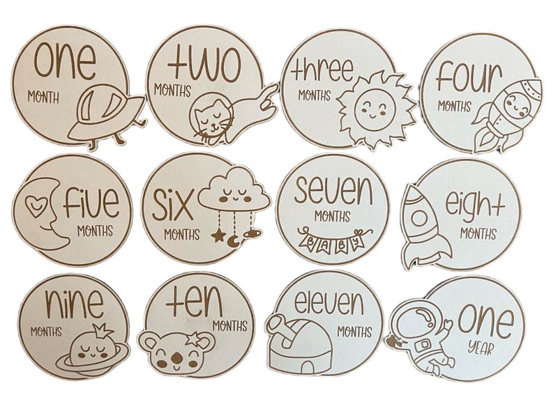 UFO Space Astronaut Milestone Cards Baby Shower Gift Nursery on Wood x 12