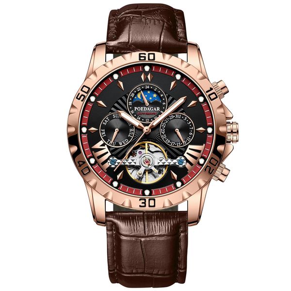 Men Automatic Watch Waterproof Date Week Leather Tourbillon Mechanical