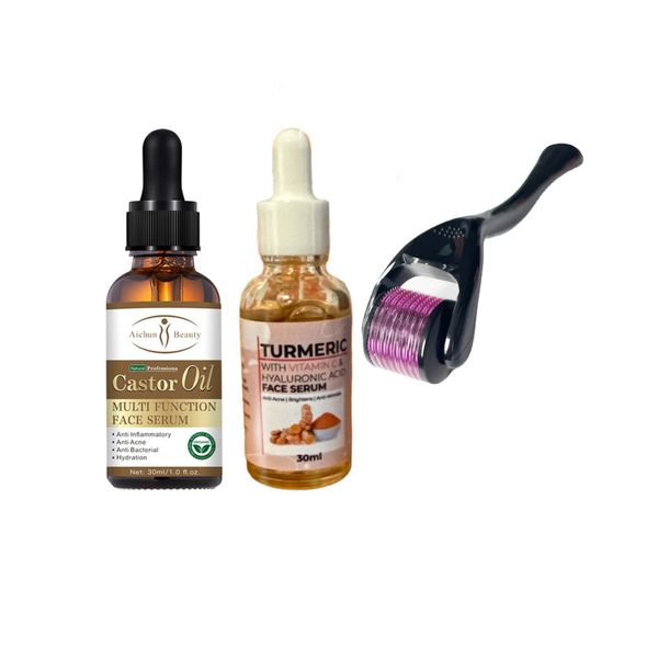 Castor Oil Face Serum , Tumeric Face Serum &amp; Derma Roller