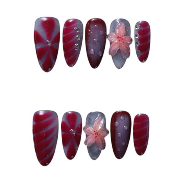 10-Piece Press-On Nails Set With 3D Pink Flower Design - Burgundy &amp; Grey