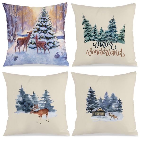 Set of 4 Winter Scene Printed Cushion Covers, 45x45cm Throw Pillow Cover