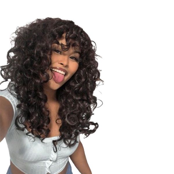 Bouncy Curly Wig with Bangs - 18" Chocolate Brown