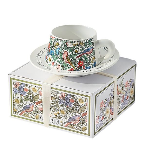 Morris Style Designer Floral Bird Coffee Cup and Saucer - White Set