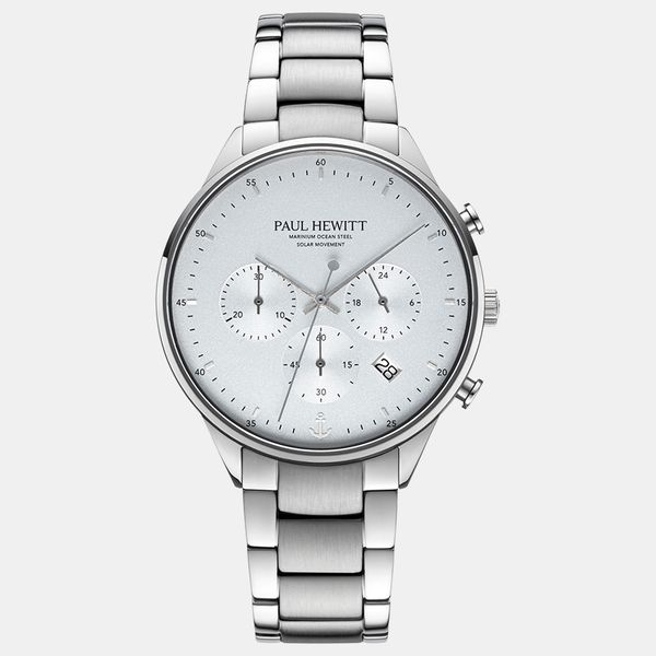 Paul Hewitt Men's Chrono 42mm Solar Watch Stainless Steel Strap White Dial