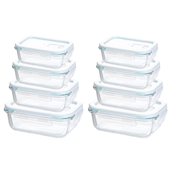 Set of 8 Leak-Proof Borosilicate Glass Food Containers - Rectangle