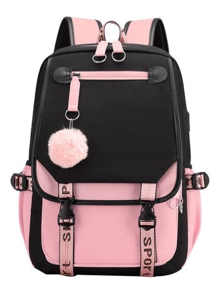 Little Girls School Student Backpack with USB Charging Port, Black Pink