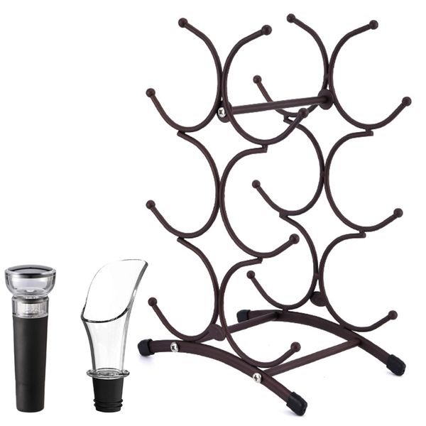 6 Bottles Metal Wine Rack Holder Display Shelf With Stopper &amp; Pourer