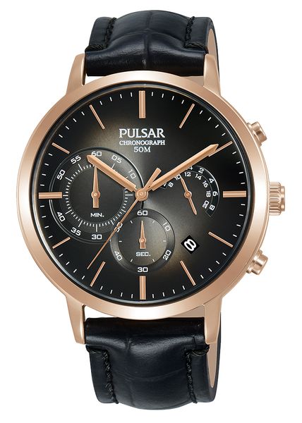 Pulsar Gents Black Leather Chronograph Dark Grey Dial - PT3992X11